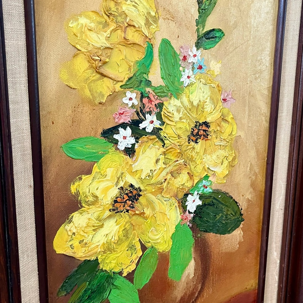 Vintage Original Oil Painting of Yellow Flowers In Vase by Andy 15/26 Framed - Picture 14 of 15
